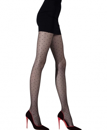 <p>Thin tights with delicate, small, intensely black dots along the entire length of the tights look beautiful on the legs underlining their slim shape.</p>